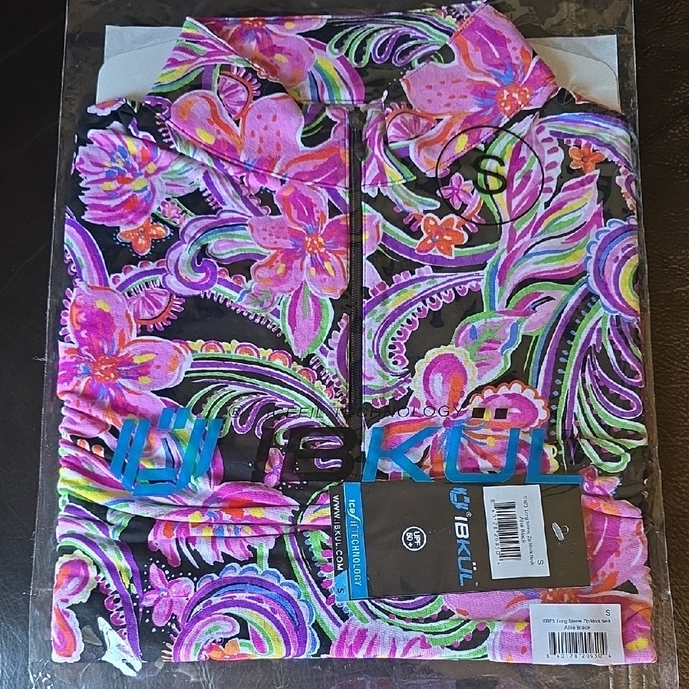 IBKUL Allie Print- Purple/Pink on Black Floral  Quarter Zip Top UPF 50